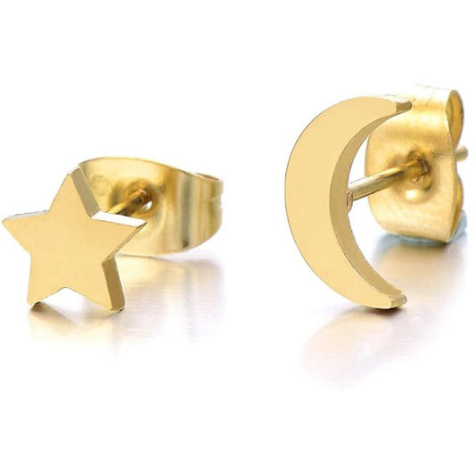 Hypoallergenic Surgical Steel Gold Silver Star Moon Lovely Shape Stud Earrings (