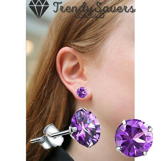 Solid 925 Sterling Silver Purple Stud Earrings Crystal Jewelry Perfect for Women