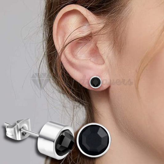 Classic Punk Black Bezel Crystal Piercing Studs Surgical Steel Stud Earrings 6MM