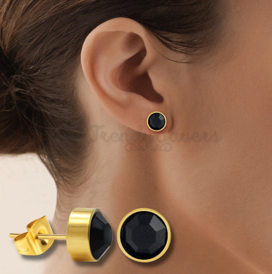 7MM Wide Gold Plated Onyx Black Stone Cartilage Piercing Stud Earrings Jewelry