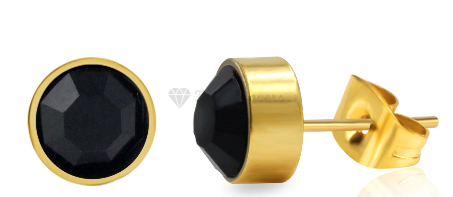 Black Large 8MM Cubic Zirconia Gold Plated Bezel Stud Earrings Stainless Steel
