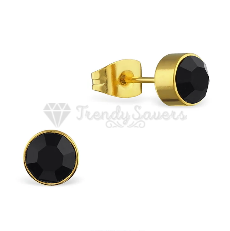 Black Large 8MM Cubic Zirconia Gold Plated Bezel Stud Earrings Stainless Steel