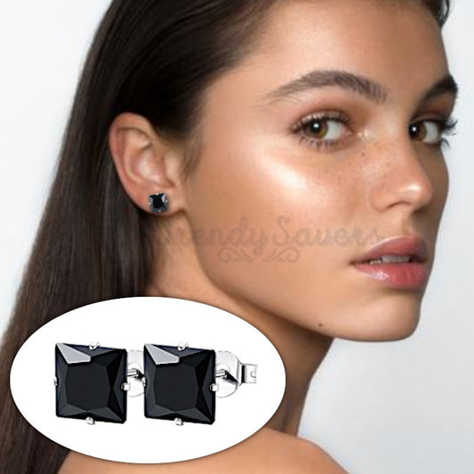 9MM Surgical Steel Princess Cut Black Diamond Stone Cartilage Ear Stud Earrings