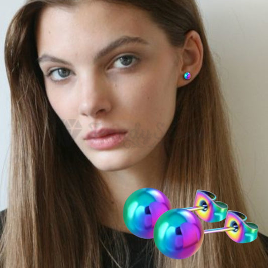 Big 7MM Stainless Steel Rainbow Mixed Colour Cute Ball Bead Stud Earrings Unisex