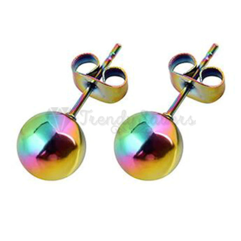 Big 7MM Stainless Steel Rainbow Mixed Colour Cute Ball Bead Stud Earrings Unisex