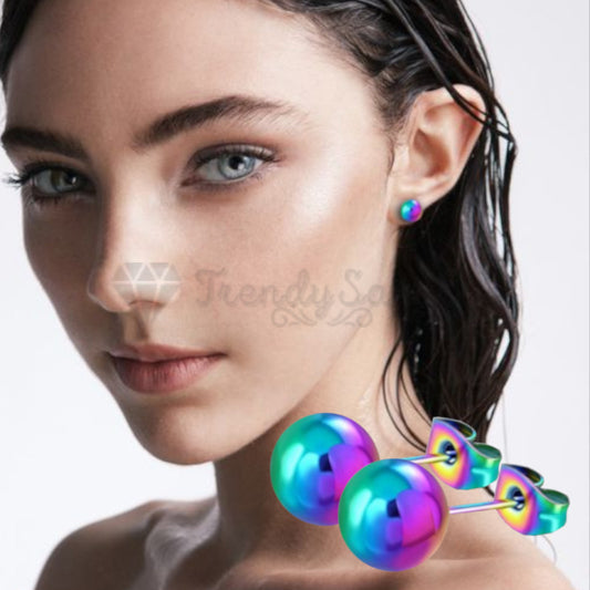 Elegant 8MM High Polished Rainbow Faux Pearl Ball Studs Earrings Hypoallergenic