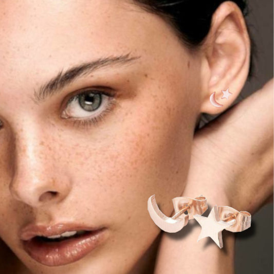 Hypoallergenic Stainless Steel Rose Gold Cute Charming Moon Star Shapes Stud Earrings