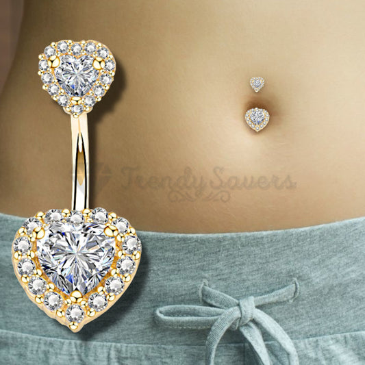 Hypoallergenic Gold Plated Two Heart Shaped Cubic Zircon Belly Button Stud Ring