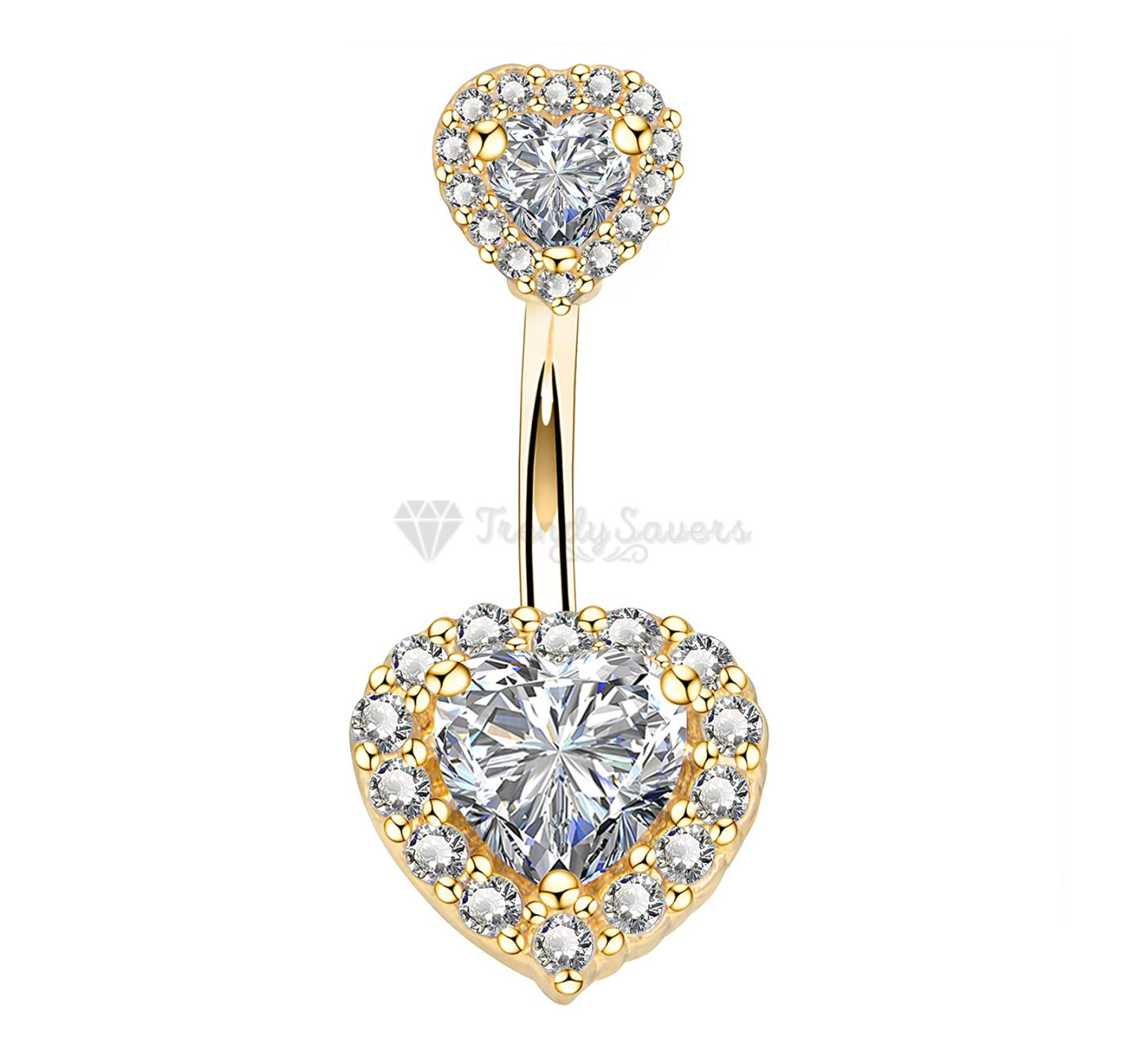 Hypoallergenic Gold Plated Two Heart Shaped Cubic Zircon Belly Button Stud Ring