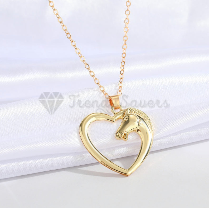 Lucky Charm Horse Head Hollow Heart Pendant Box Chain 18ct Gold Plated Necklace
