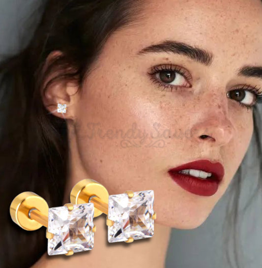 Gold Surgical Steel 7MM Classic Square Cubic Zirconia Ear Stud Earrings Piercing