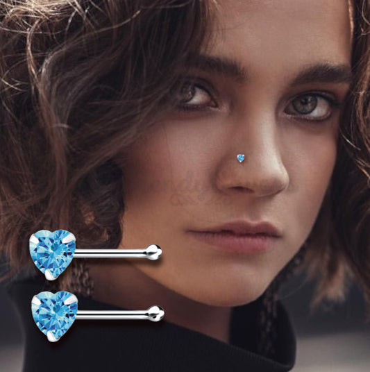 Sky Blue Heart Shape CZ Crystal Sterling Silver Nose Stud Bone End Pins Piercing