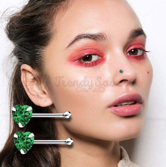 925 Sterling Silver Crystal Heart Green CZ Prong Pin Piercing Bone End Nose Stud