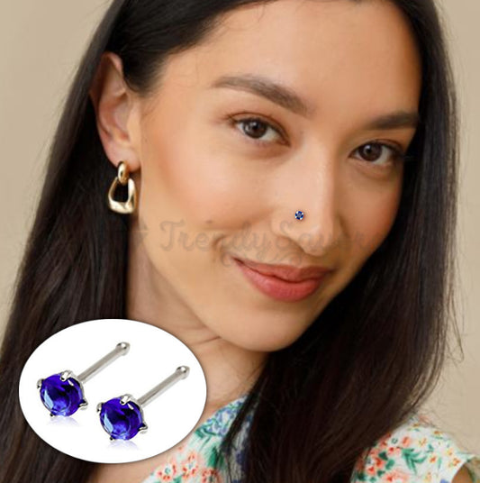 Genuine Sterling Silver Straight Crystal Nose Stud 3MM Blue CZ Ring Piercing Pin