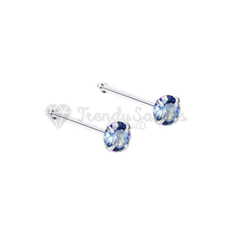 Genuine Sterling Silver Straight Crystal Nose Stud 3MM Blue CZ Ring Piercing Pin