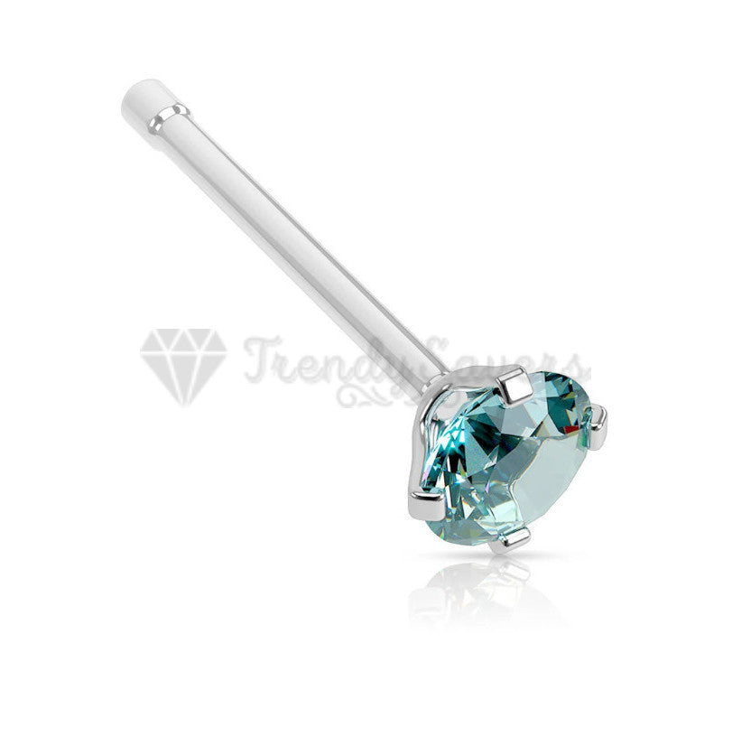 Sky Blue Nose Studs Solid Sterling Silver Bone Screw Shape Straight End 2MM Pair