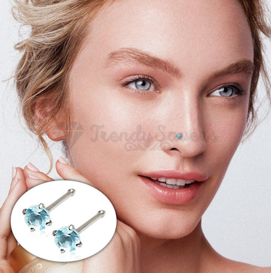 Sky Blue Nose Studs Solid Sterling Silver Bone Screw Shape Straight End 2MM Pair