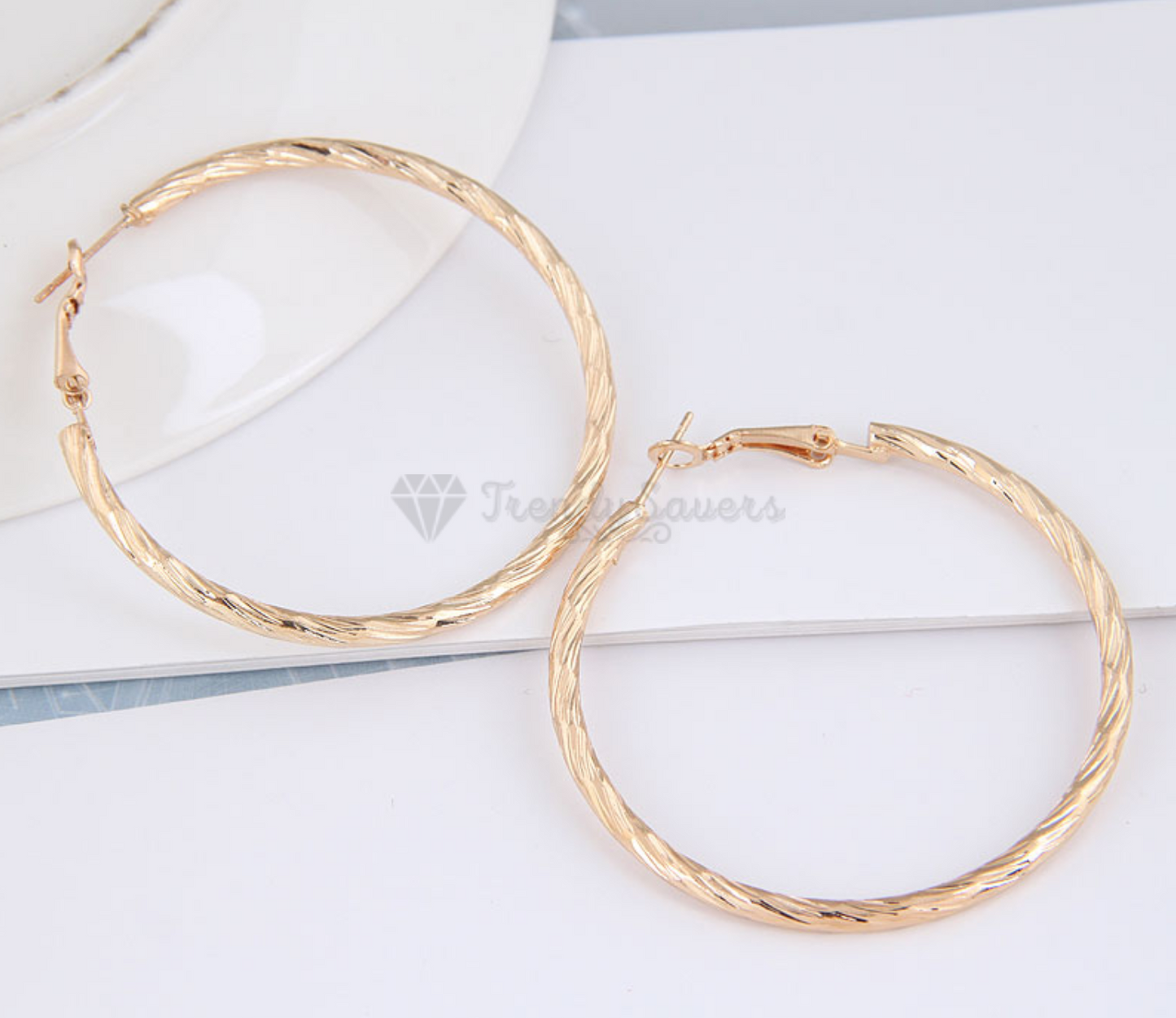 Large Round Hollow Ear Dangle Gold Twist Design Textured Hoop Earrings 50MM Wide